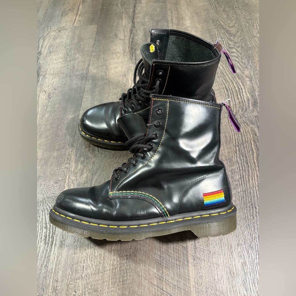 Dr. Martens Black Leather Lace-Up Boots with Rainbow Stitching